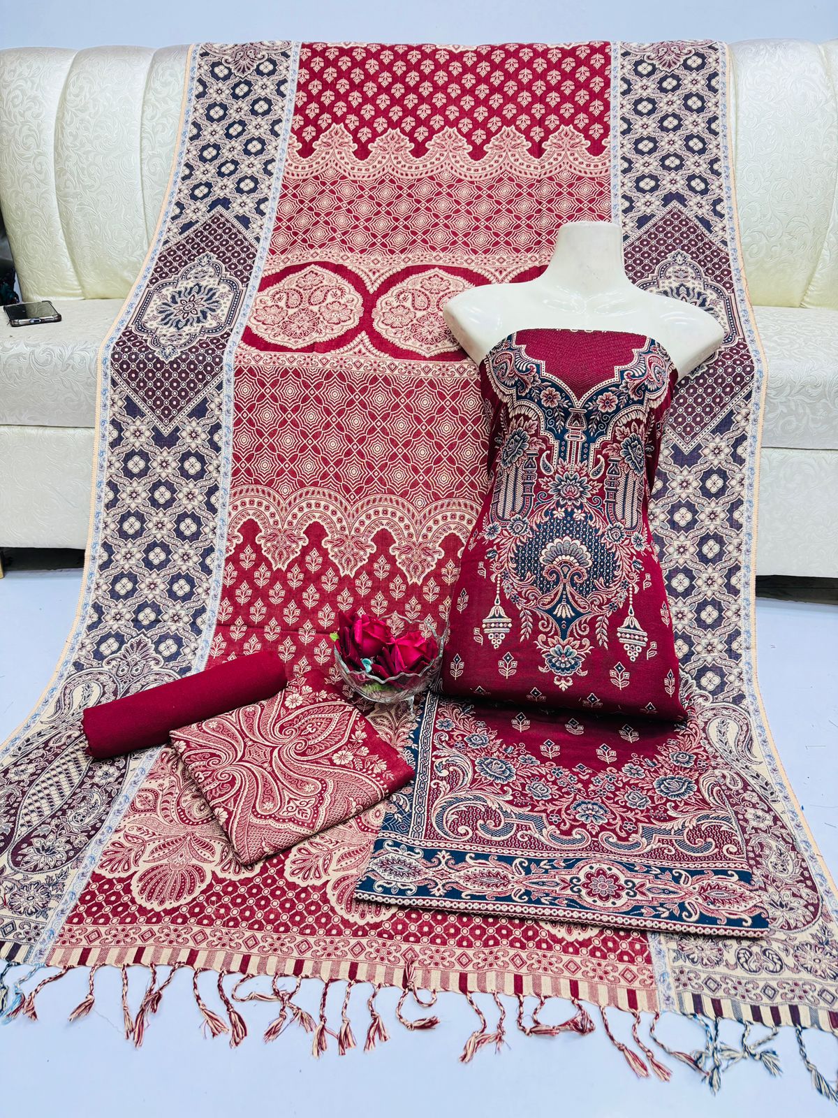 3pc Wool shawl Dress Meroon