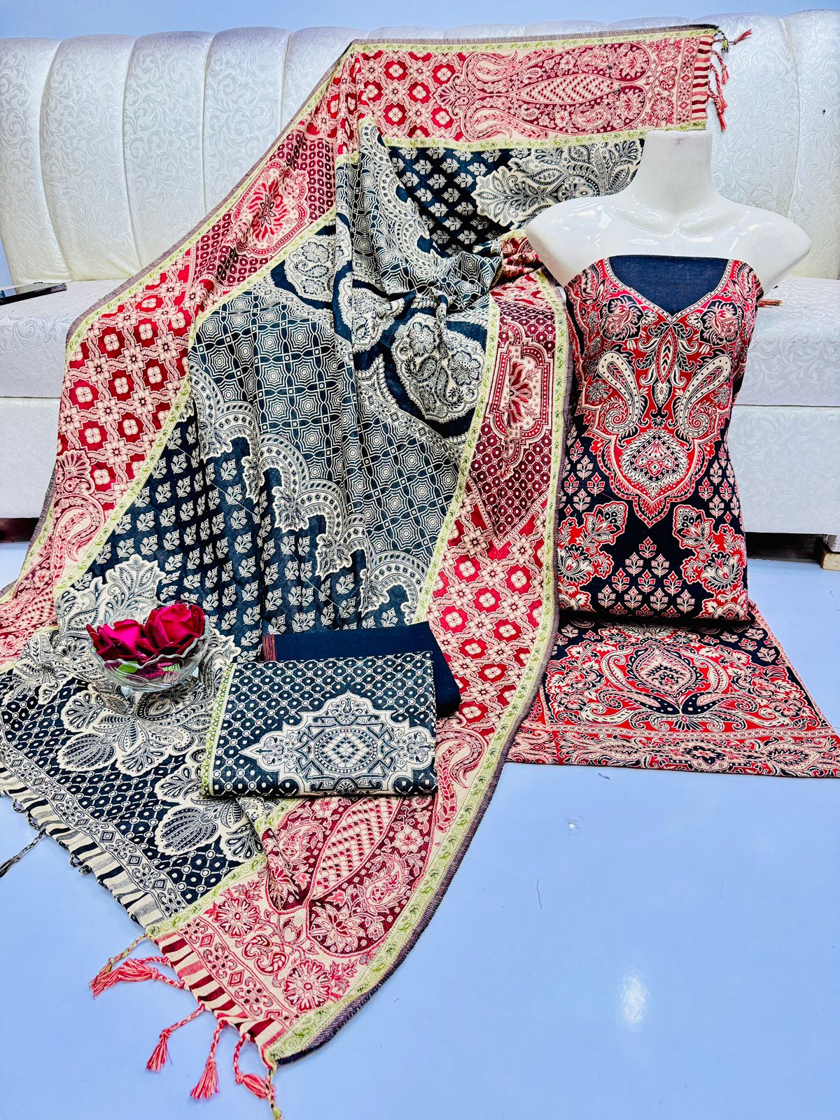 3pc Wool shawl Dress Black/Blue