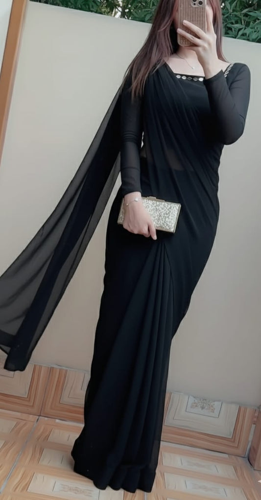 Stitched Mirror Chiffon Saree With Peti Coat