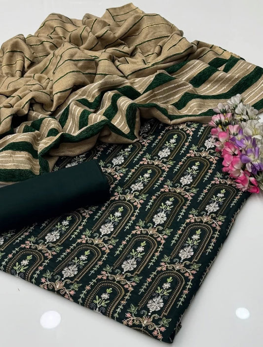 3pc Dhanak Marina Sequence Embroided Velvet Border Shawl Dress