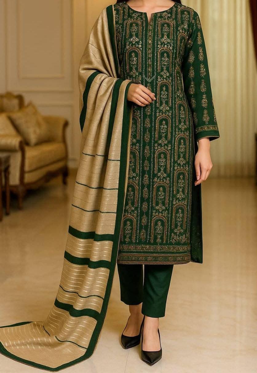 3pc  Dhanak Marina Sequence Embroided Velvet Border Shawl Dress