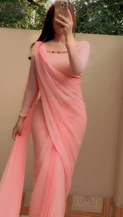 Stitched Mirror Chiffon Saree With Peti Coat