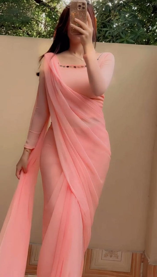 Stitched Mirror Chiffon Saree With Peti Coat
