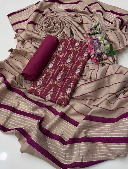 3pc  Dhanak Marina Sequence Embroided Velvet Border Shawl Dress