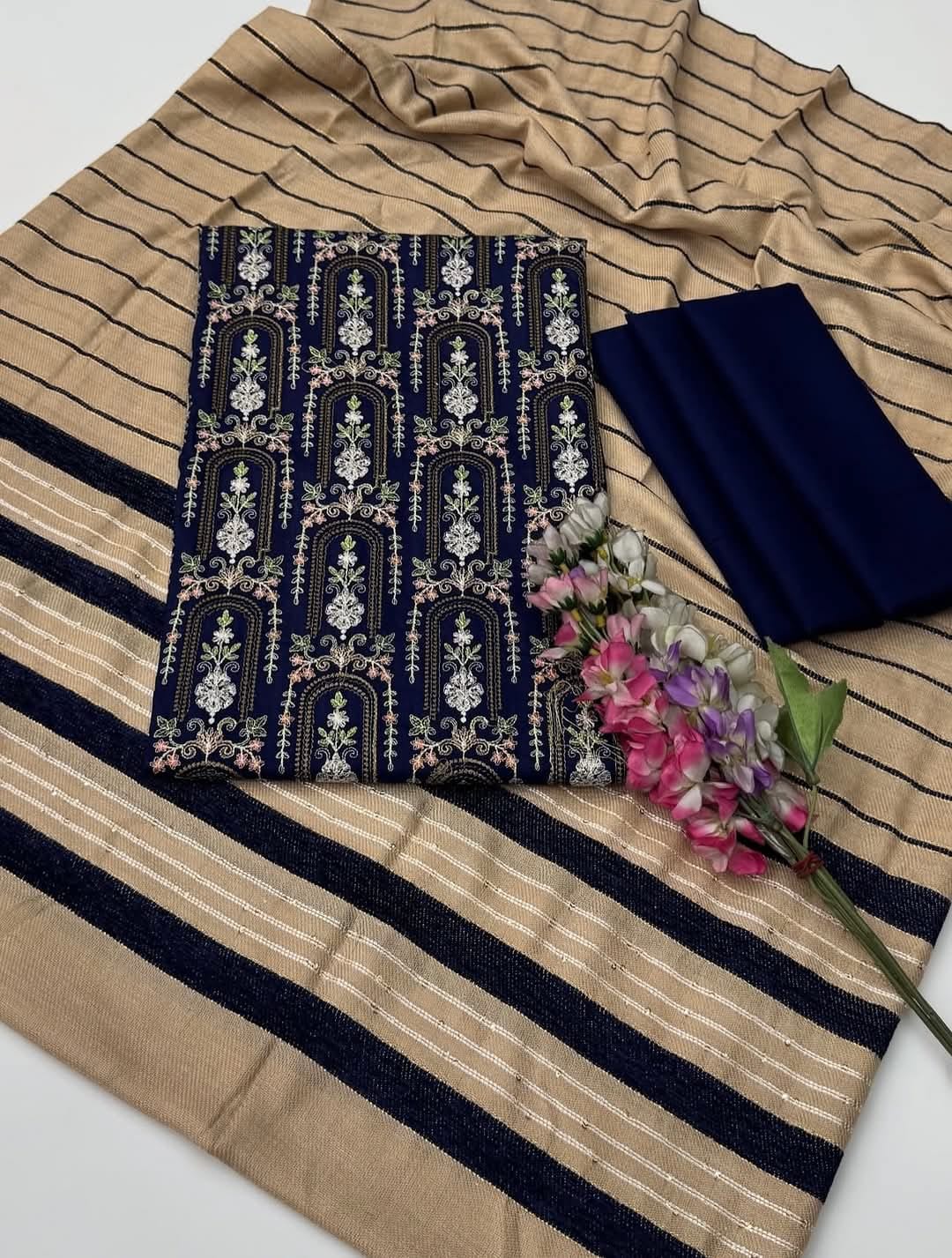 3pc  Dhanak Marina Sequence Embroided Velvet Border Shawl Dress