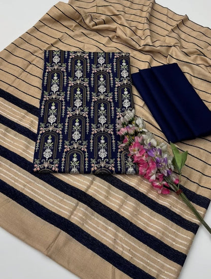 3pc  Dhanak Marina Sequence Embroided Velvet Border Shawl Dress