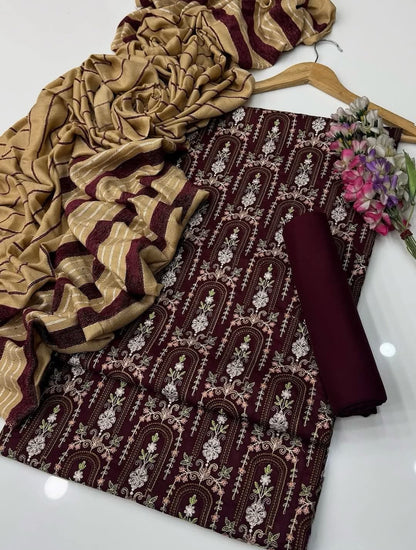 3pc  Dhanak Marina Sequence Embroided Velvet Border Shawl Dress