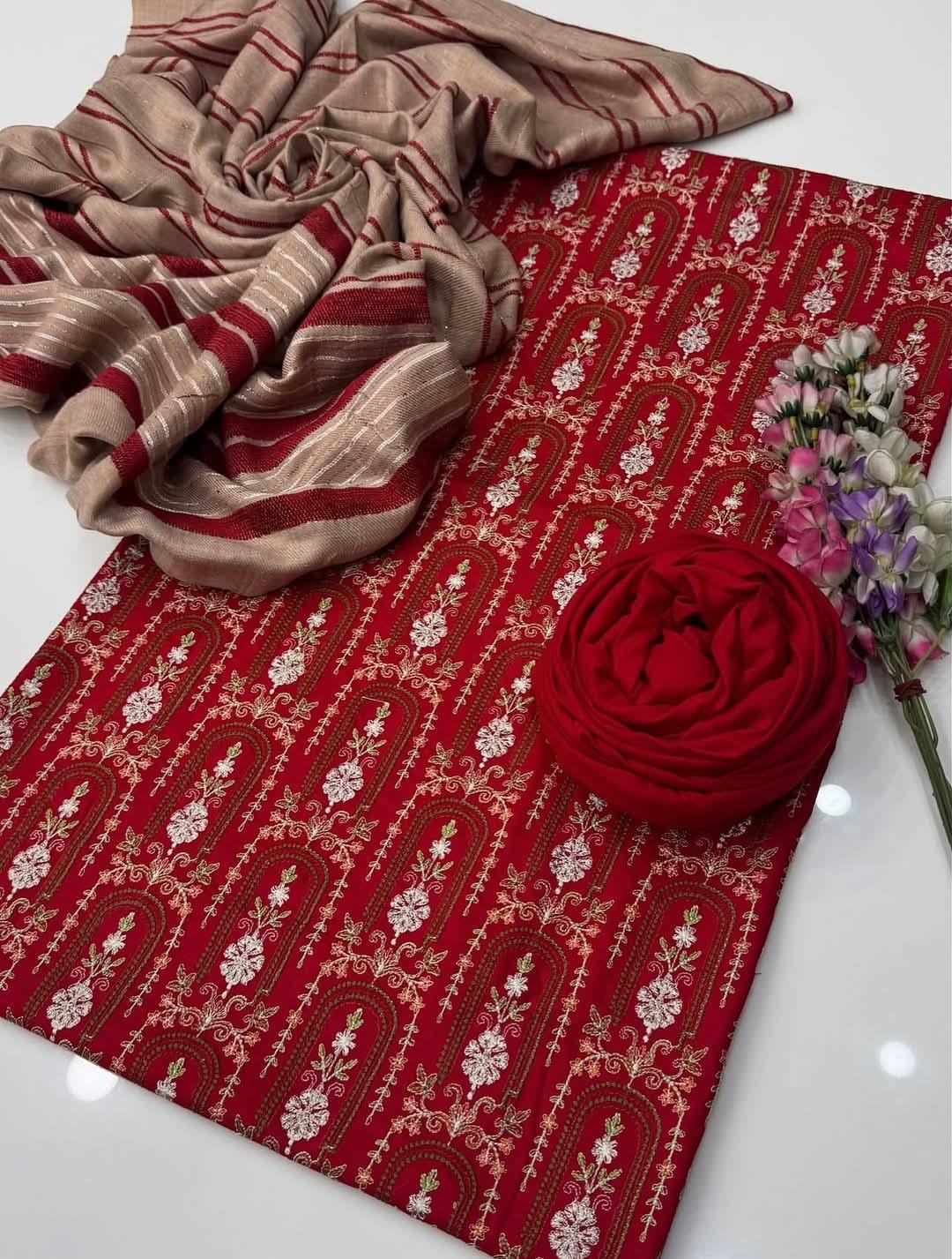 3pc  Dhanak Marina Sequence Embroided Velvet Border Shawl Dress