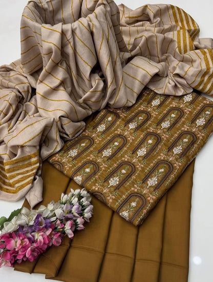 3pc  Dhanak Marina Sequence Embroided Velvet Border Shawl Dress