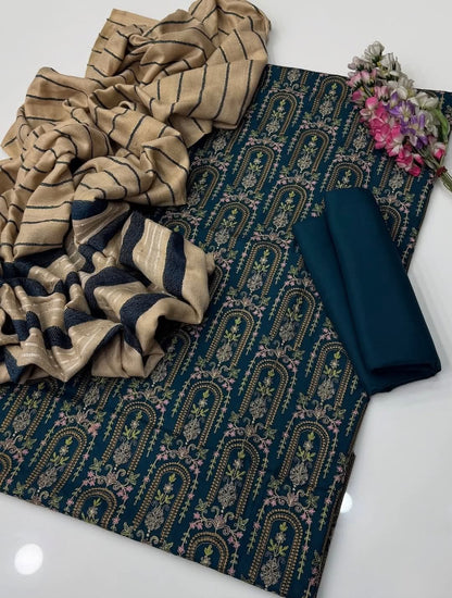 3pc  Dhanak Marina Sequence Embroided Velvet Border Shawl Dress